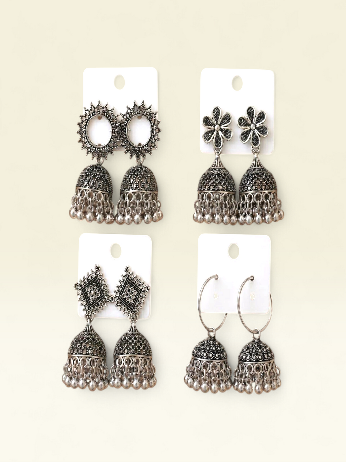 Oxidised Silver Jhumka Earrings – 4 Pair Combo