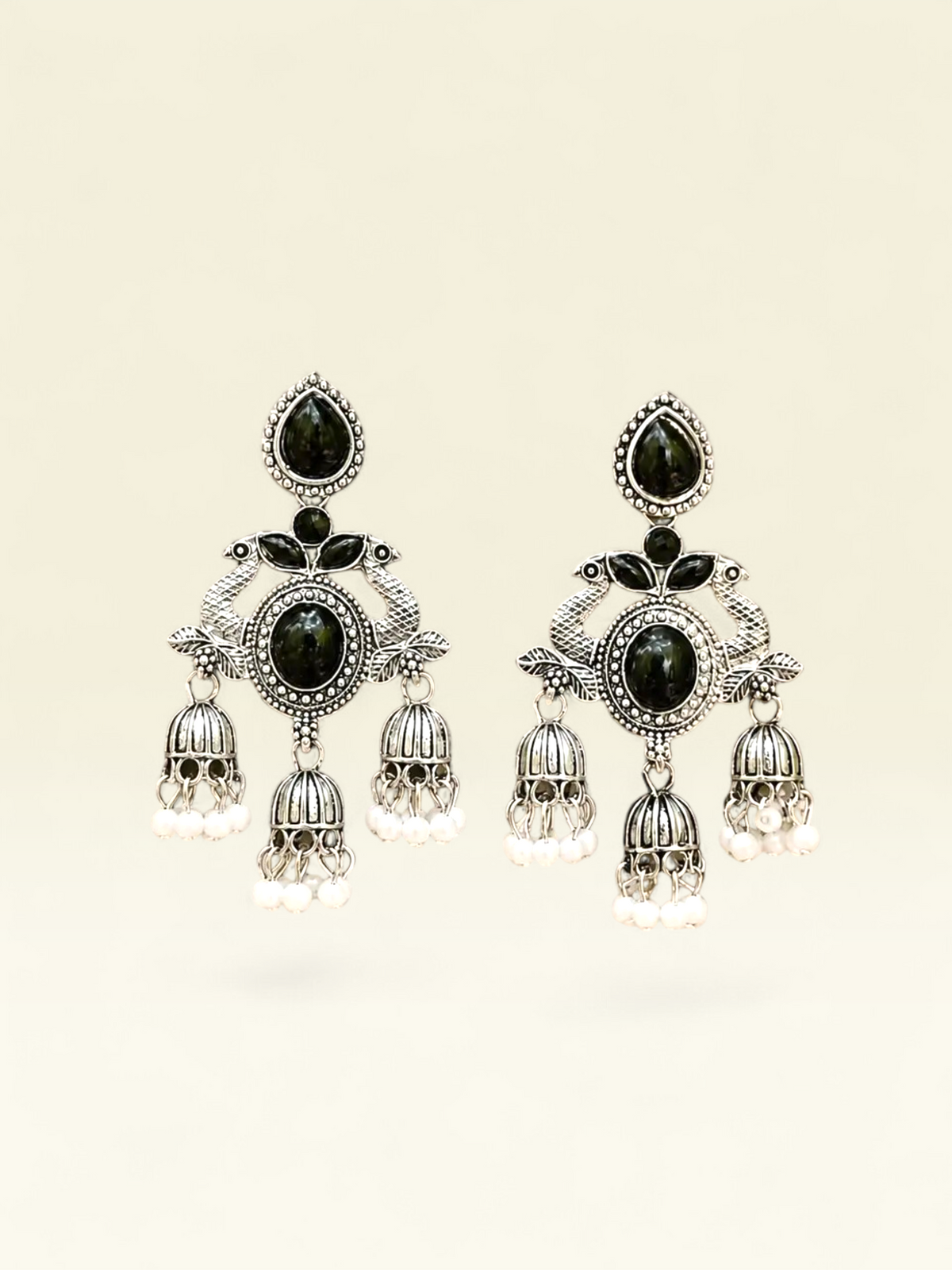 Onyx Peacock Tiered Jhumkas