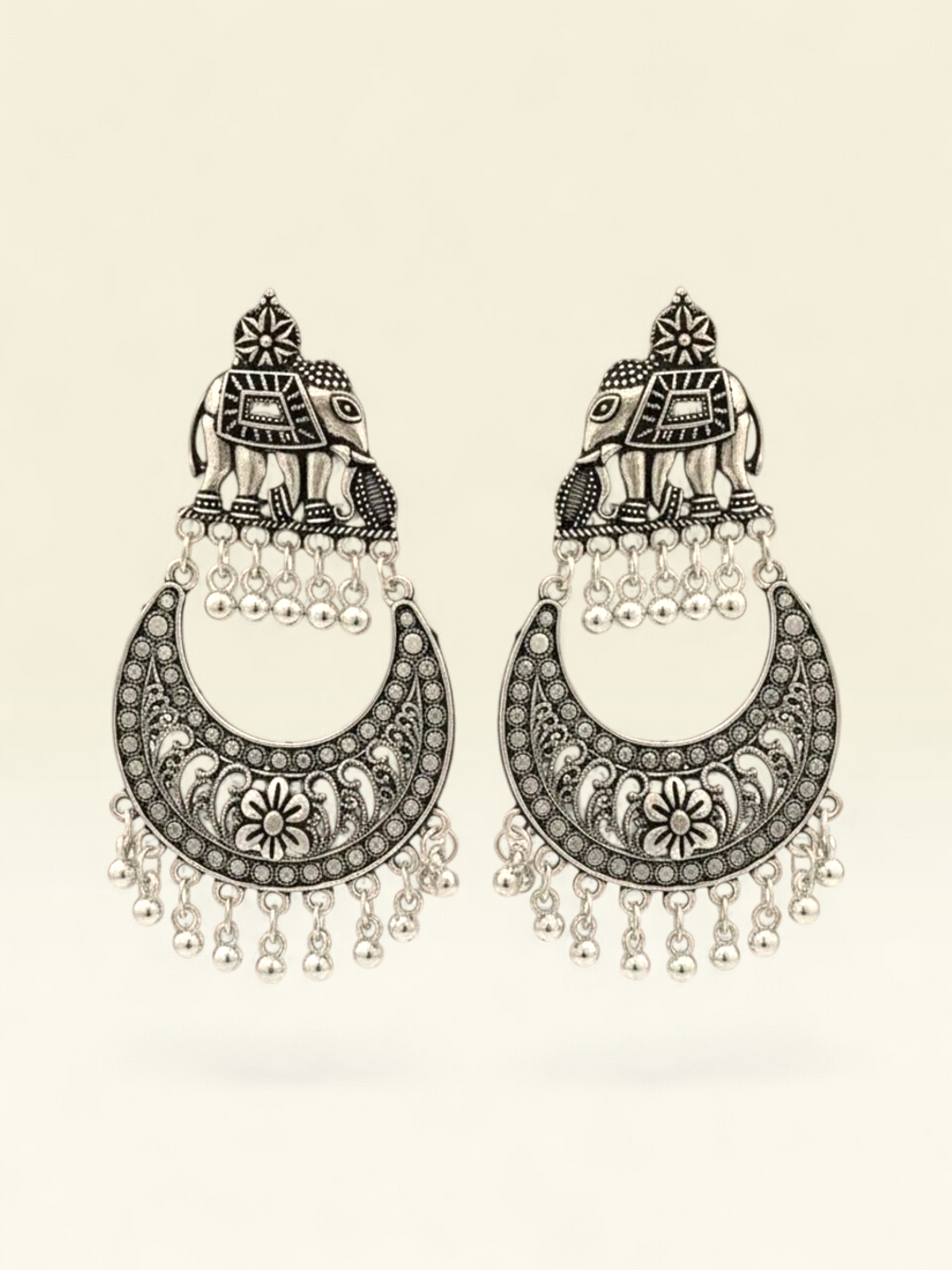 Oxidised Silver Elephant Chandbali Earrings