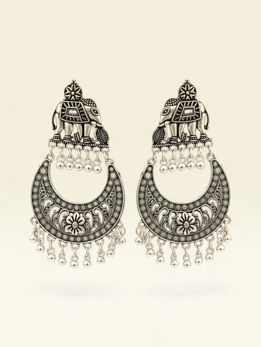 Oxidised Silver Elephant Chandbali Earrings