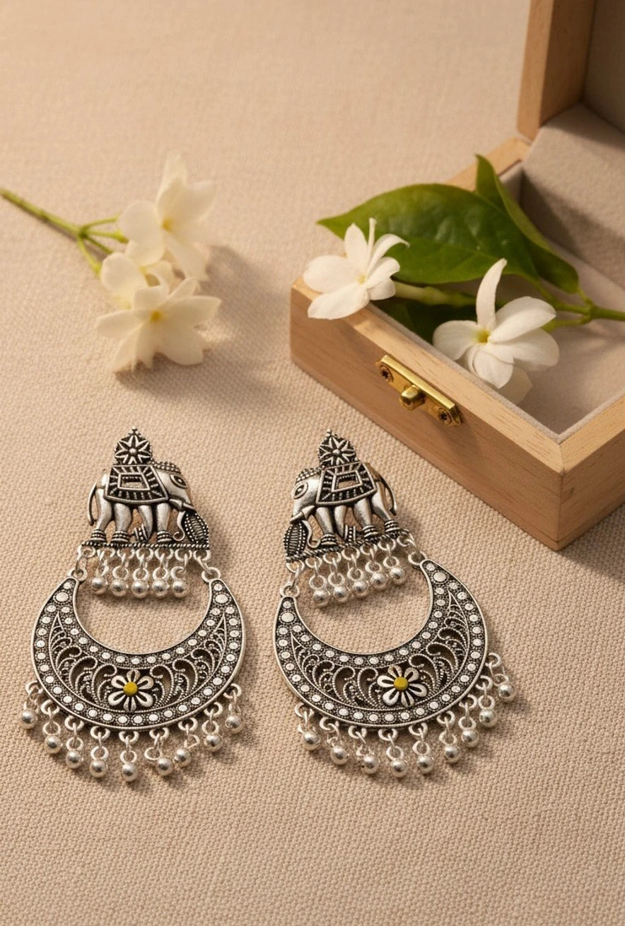 Oxidised Silver Elephant Chandbali Earrings