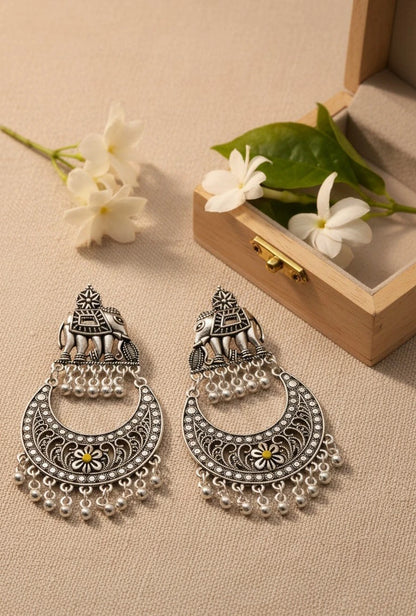 Oxidised Silver Elephant Chandbali Earrings