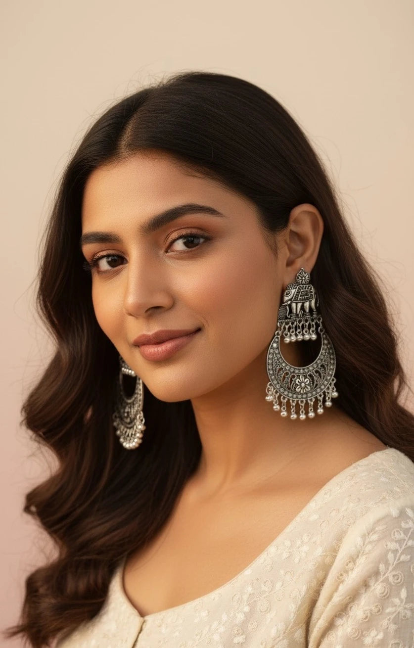 Oxidised Silver Elephant Chandbali Earrings