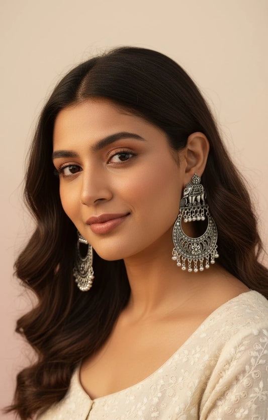 Oxidised Silver Elephant Chandbali Earrings