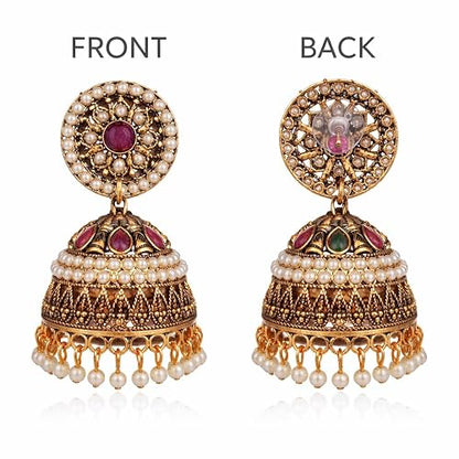Antique Gold Pearl Jhumkas – Ruby & Green Stone