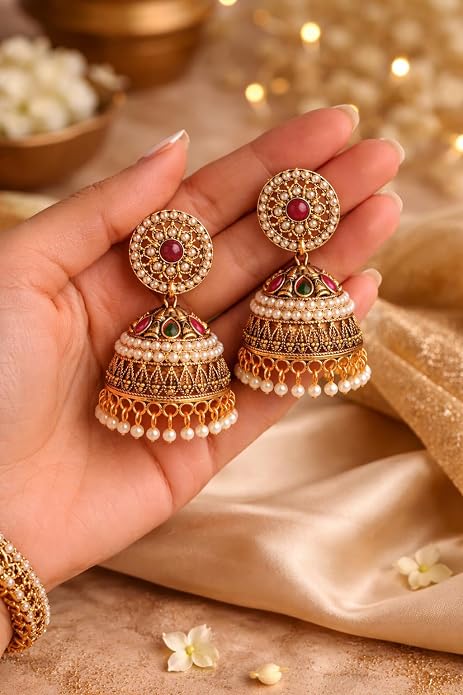 Antique Gold Pearl Jhumkas – Ruby & Green Stone