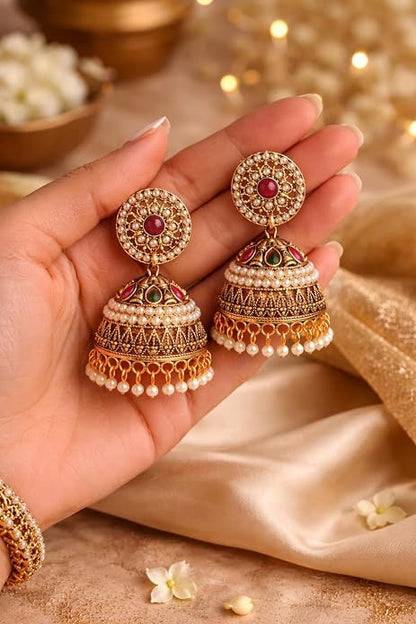 Antique Gold Pearl Jhumkas – Ruby & Green Stone