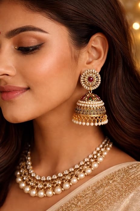 Antique Gold Pearl Jhumkas – Ruby & Green Stone