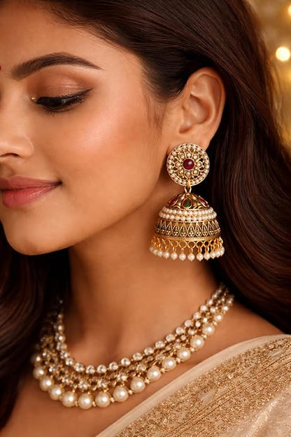 Antique Gold Pearl Jhumkas – Ruby & Green Stone