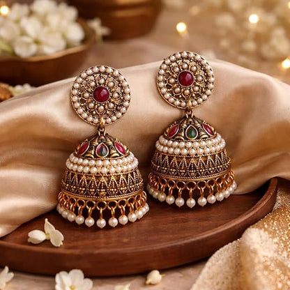 Antique Gold Pearl Jhumkas – Ruby & Green Stone