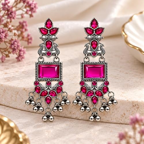 Oxidised Silver Peacock Dangler Earrings – Pink Stone