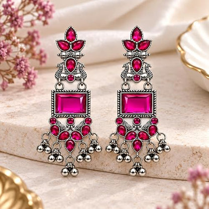 Oxidised Silver Peacock Dangler Earrings – Pink Stone