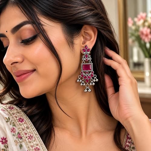 Oxidised Silver Peacock Dangler Earrings – Pink Stone