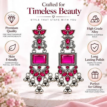 Oxidised Silver Peacock Dangler Earrings – Pink Stone