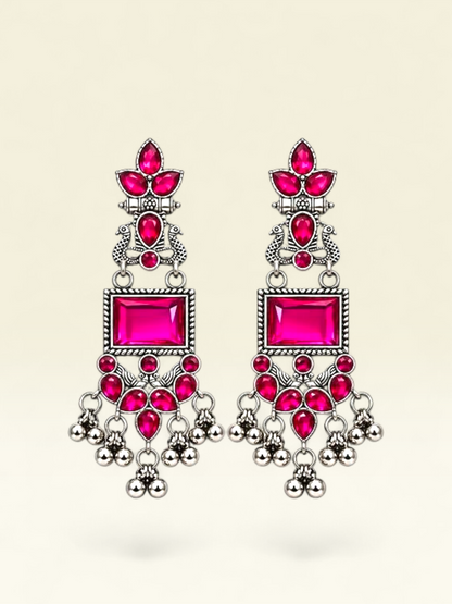 Oxidised Silver Peacock Dangler Earrings – Pink Stone
