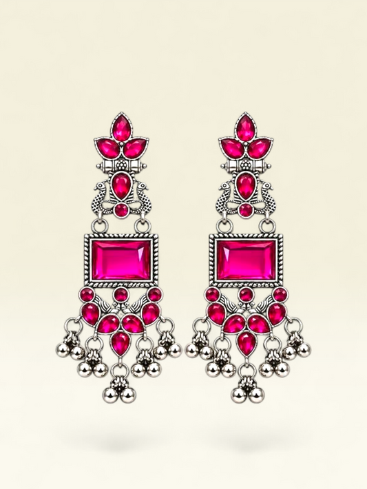 Oxidised Silver Peacock Dangler Earrings – Pink Stone