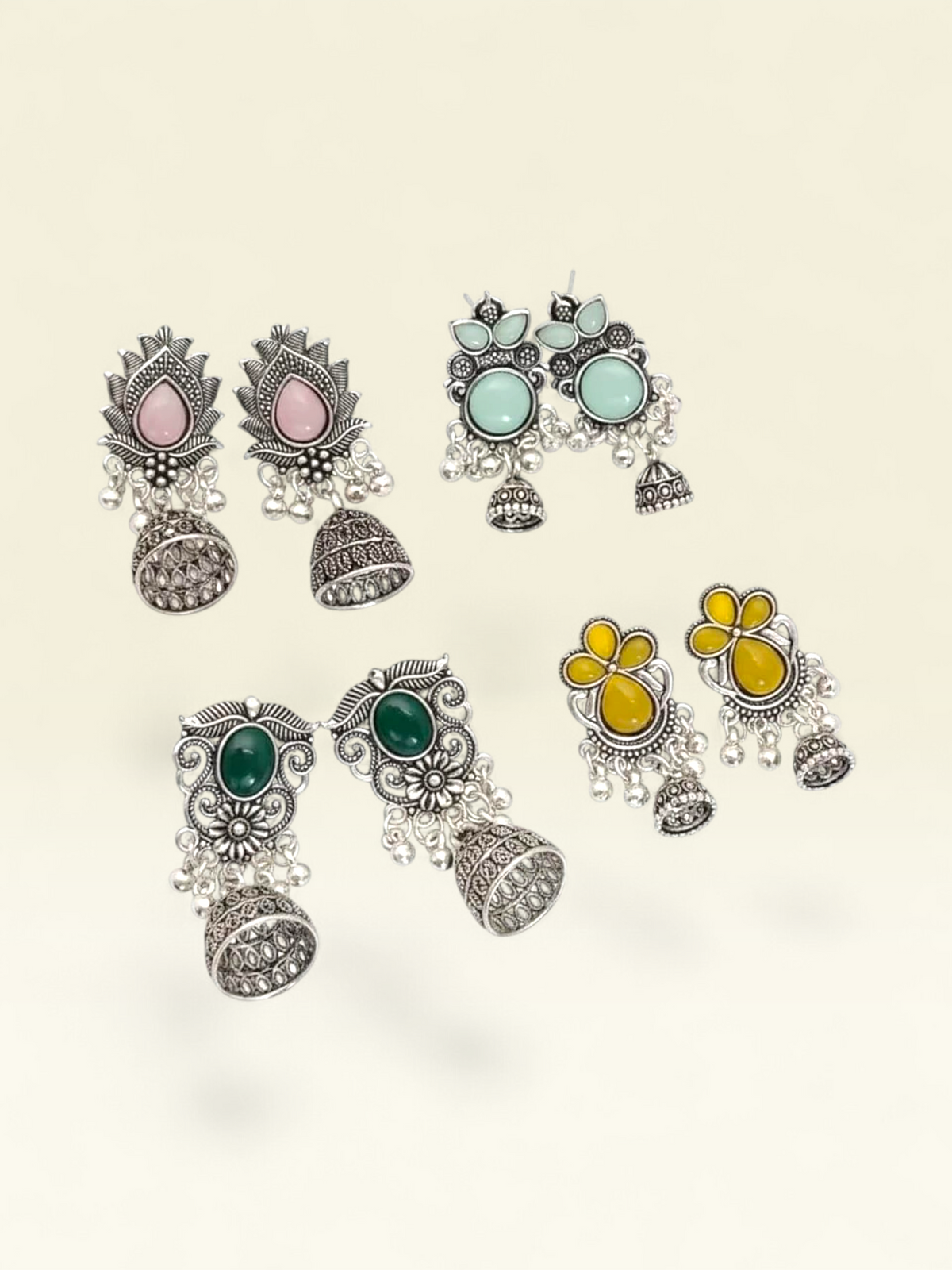 Pastel Stone Jhumkas – 4 Pairs