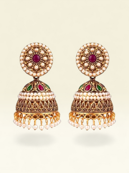 Antique Gold Pearl Jhumkas – Ruby & Green Stone