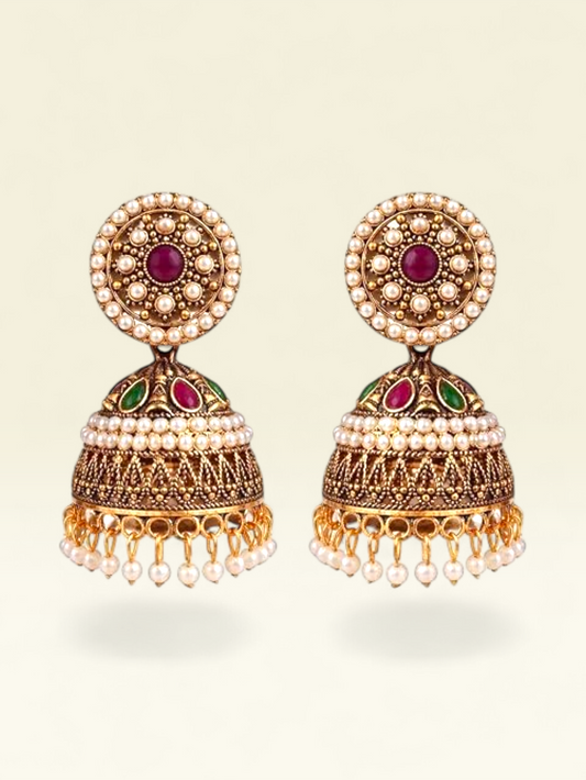 Antique Gold Pearl Jhumkas – Ruby & Green Stone